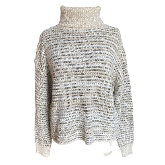 Emory Park Striped Turtleneck Sweater Boucle Oatmeal Casual Neutral Aprés-Ski-L - Picture 1 of 9